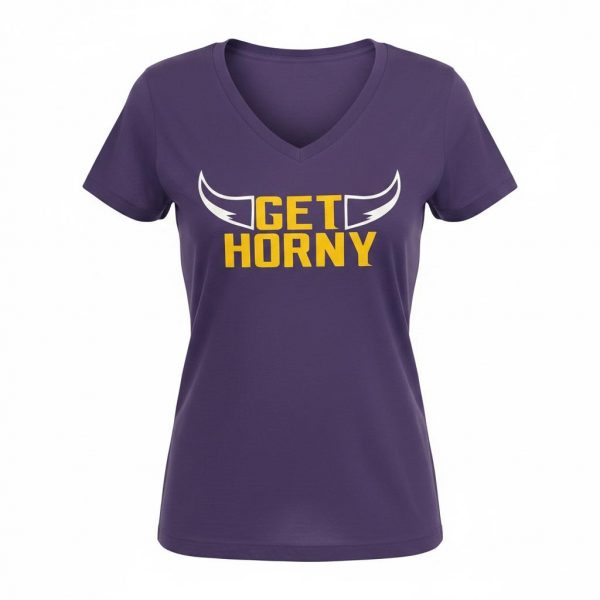 GetHorny_Vikings_Ladies_Vneck_purple Women's Purple V-Neck Tee.