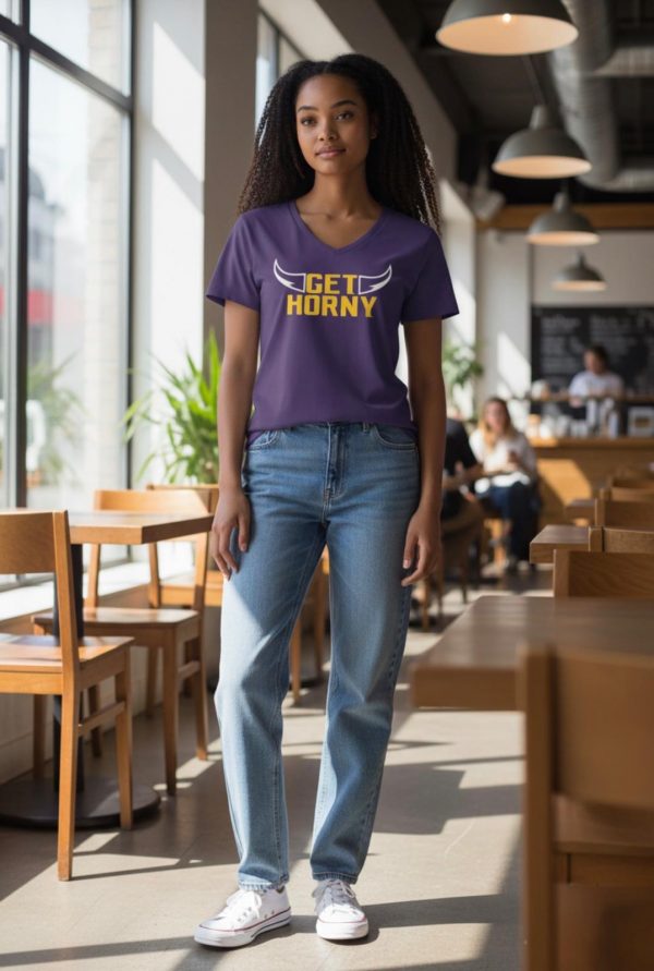 GetHorny_Vikings_Ladies_Vneck_purple_model Women's Purple V-Neck Tee.